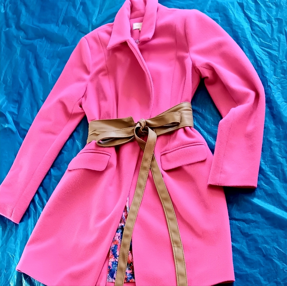 Pink Coat with Soft Vegan Leather Camel Belt - Picture 8 of 8